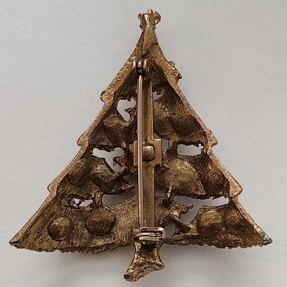Vintage Christmas Tree Brooch Gold-Tone Metal Colored Rhinestones - Picture 2 of 6